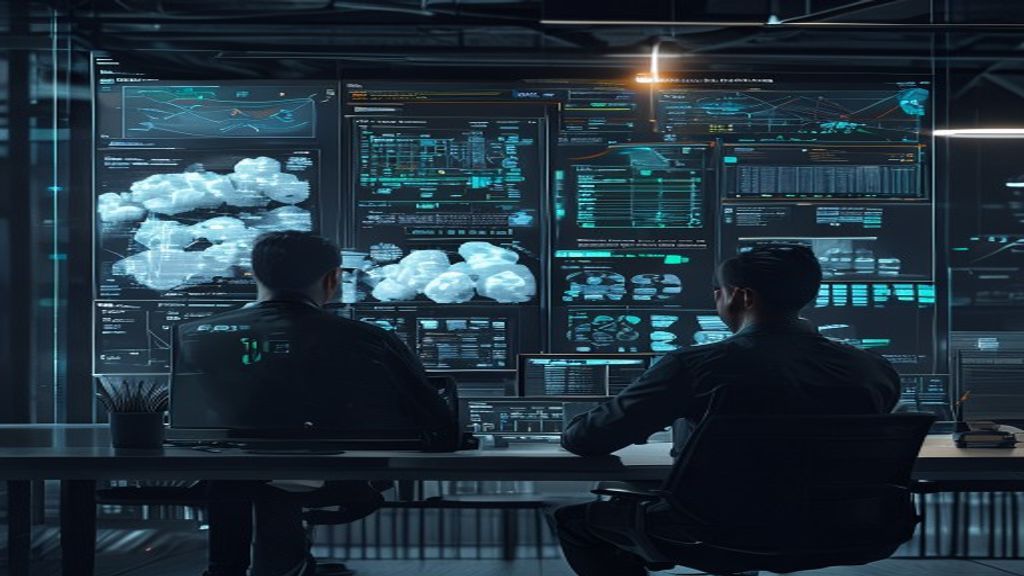 Engenheiros analisando custos de armazenamento de arquivos em nuvem em um grande painel de dados