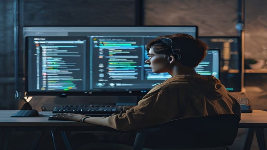Foto de uma pessoa em frente a uma tela de computador exibindo o painel do AWS Lambda