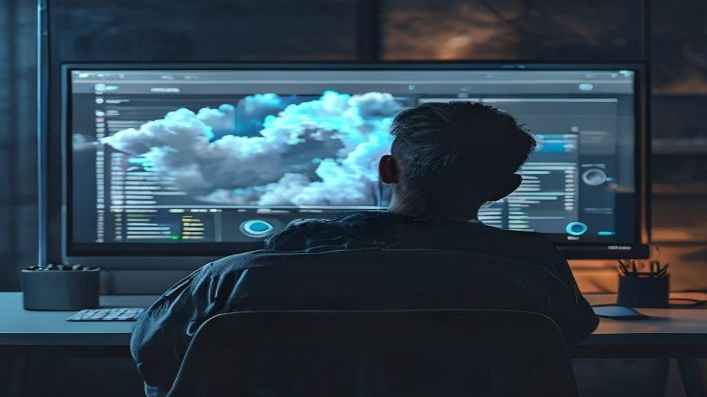 Pessoa em frente a uma tela de computador exibindo um painel de controle de computação em nuvem