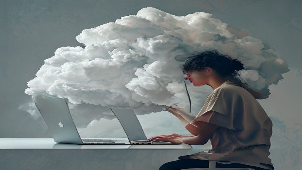 Foto de uma pessoa gerenciando armazenamento em nuvem no laptop